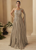 Beige Chinon silk gown with detailed embroidery and Gota Patti work for wedding occasions