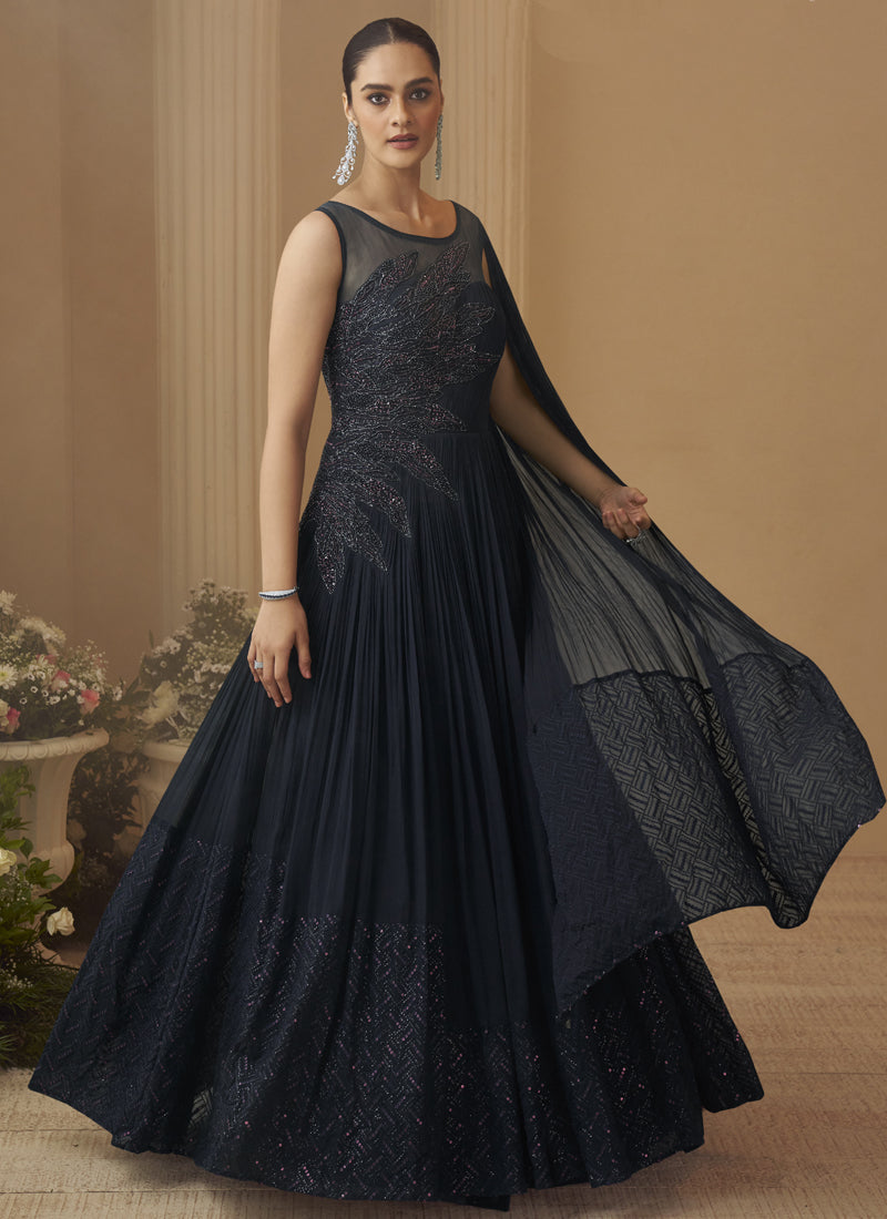 Deep Navy Blue Chinon Silk embroidered wedding gown with Gota Patti detail