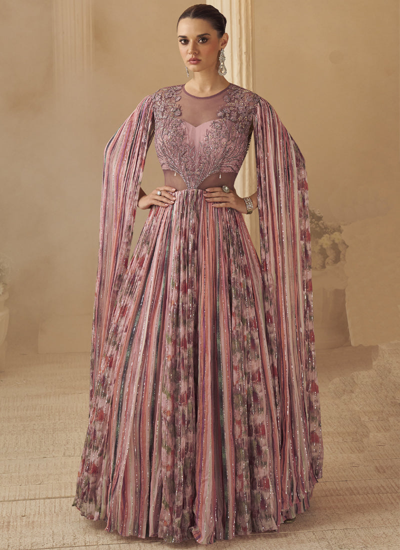 Model wearing a stylish Onion Pink Chinon Silk wedding gown with intricate Gota Patti embroidery