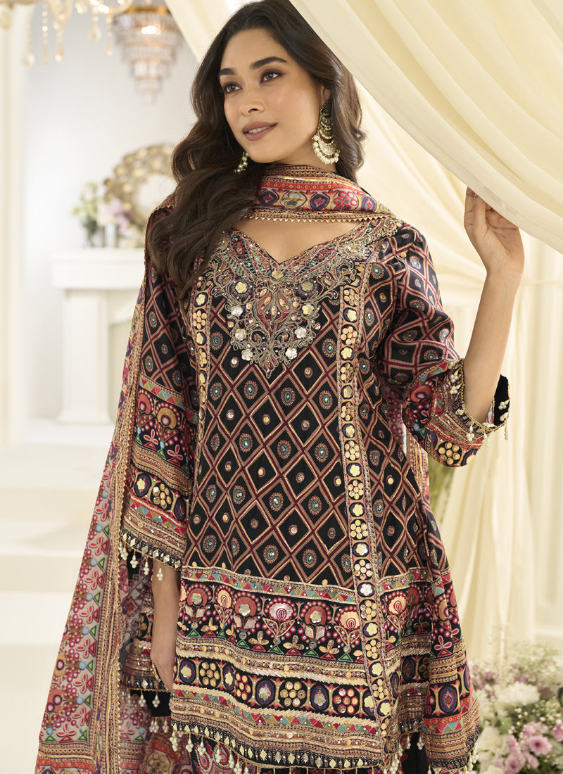 Multicolor Hand Aari Work Natural Crepe Silk Anarkali Suit