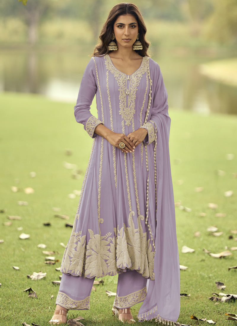 Light-purple embroidered Anarkali suit in premium georgette fabric