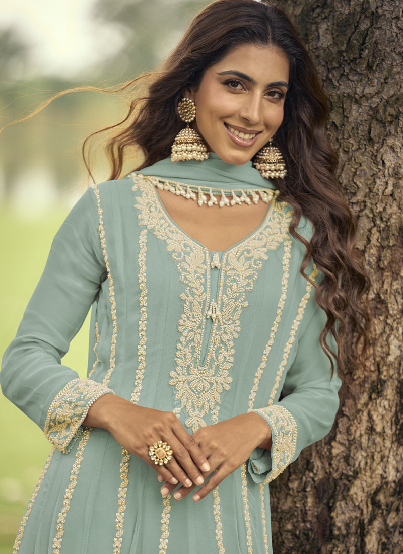 Light-Green Embroidered Georgette Anarkali Suit Set