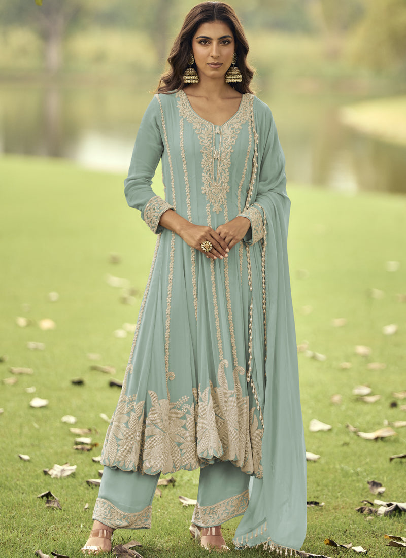 Light-green embroidered georgette Anarkali suit with matching bottom and dupatta