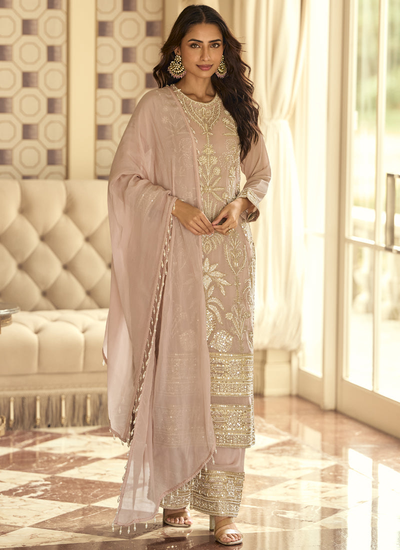 Light Peach Georgette Palazzo Suit with elegant embroidery and bead details