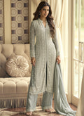 Light Grey Georgette palazzo suit with delicate beadwork and embroidery