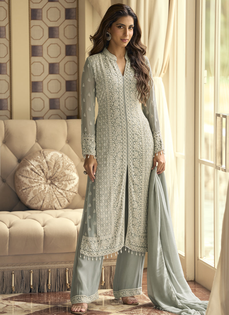 Light Grey Georgette palazzo suit with delicate beadwork and embroidery