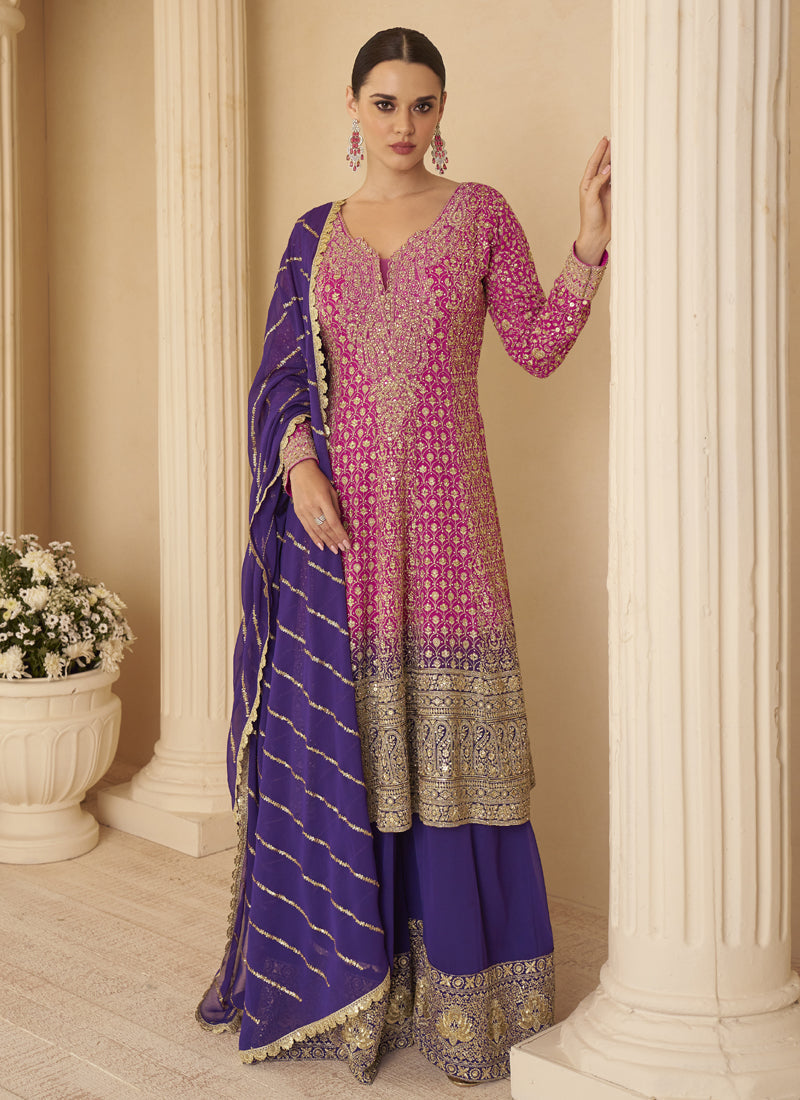 Pink Georgette palazzo suit with Seroski, Zarkan, and Gota Patti embroidery