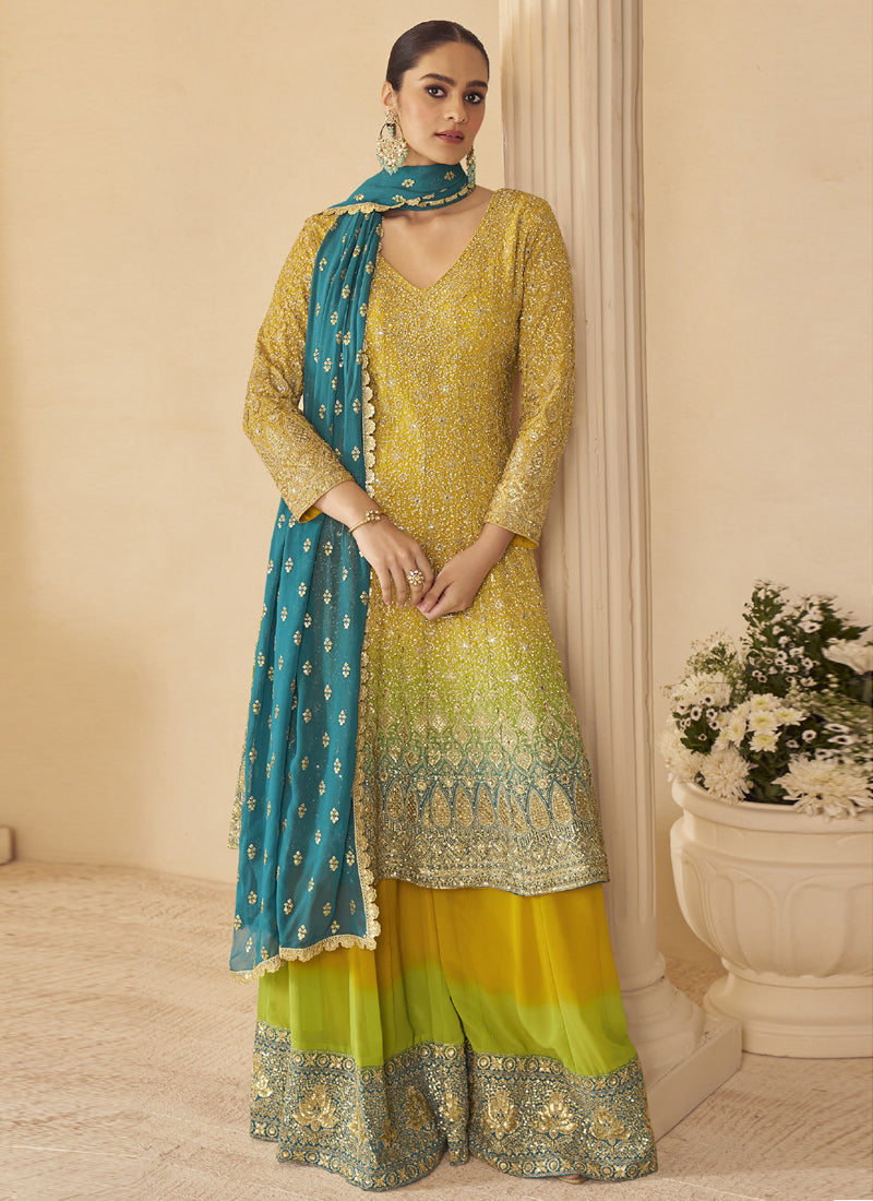 Vibrant Yellow Georgette Palazzo Suit with shimmering Zarkan embroidery