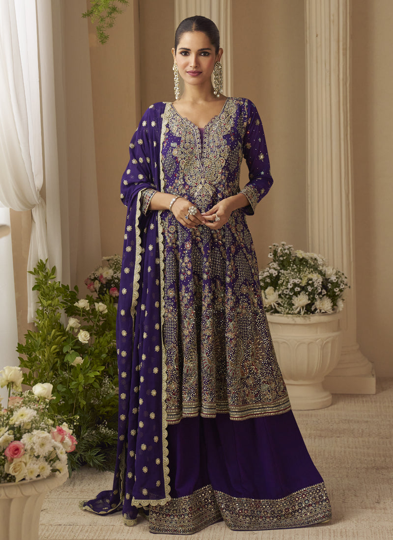 Violet Georgette Palazzo Suit with detailed Seroski and Zarkan embroidery