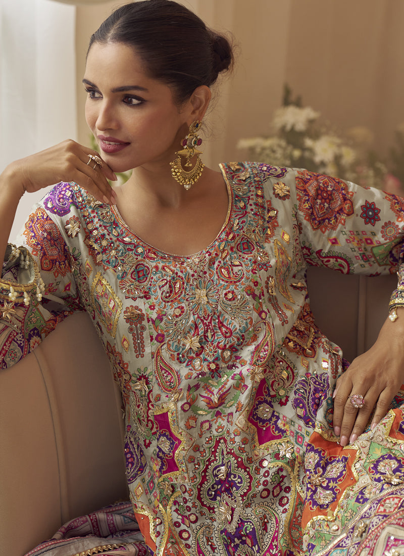 Multicolor Printed Natural Crepe Silk Anarkali Suit Set