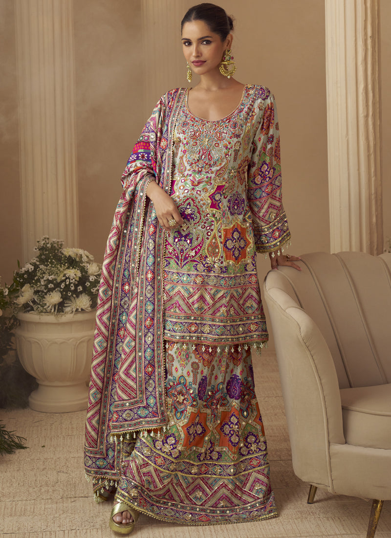 Multicolor Printed Natural Crepe Silk Anarkali Suit for weddings