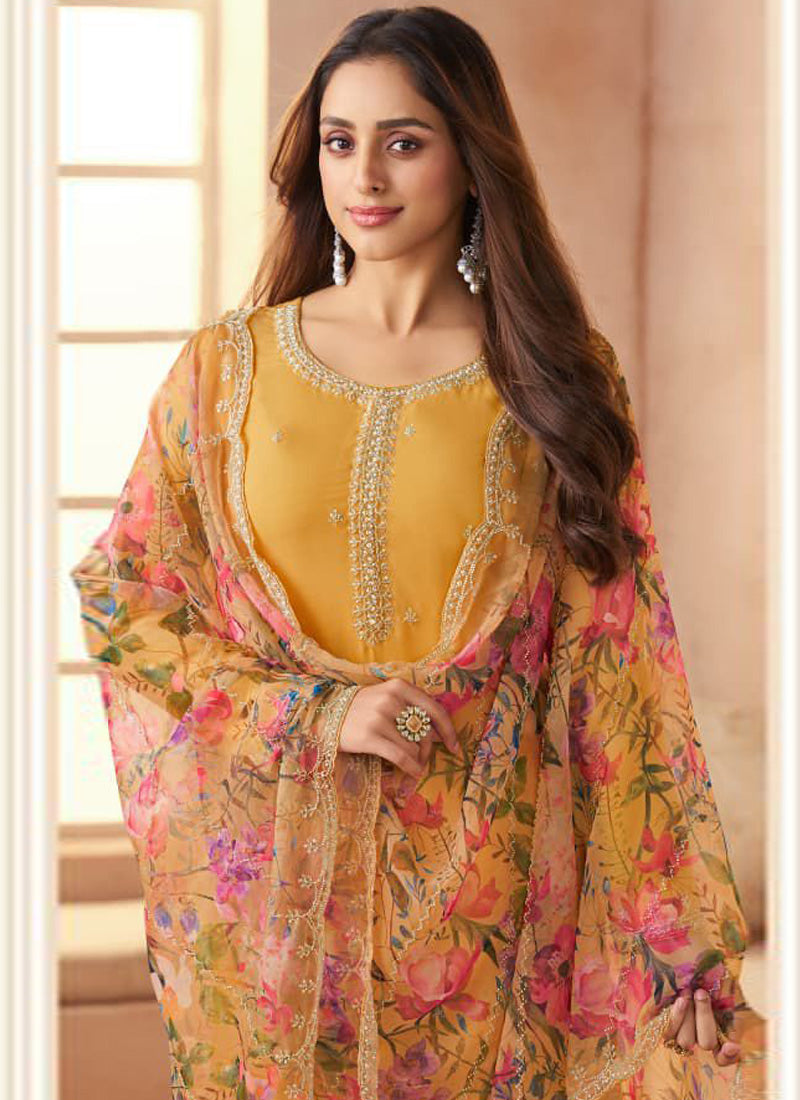 Dark-Yellow Soft Chiffon Salwar Suit for Wedding Ceremonies