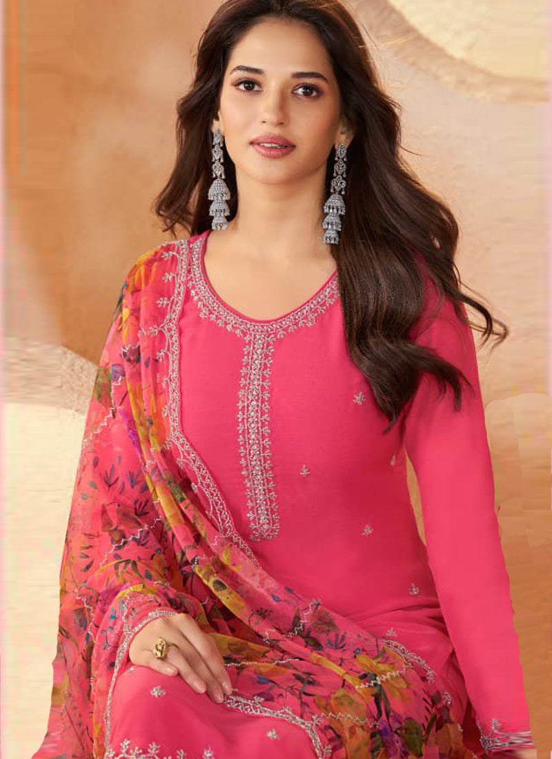 Pink Soft Chiffon Salwar Suit Set with Art Silk Kurta