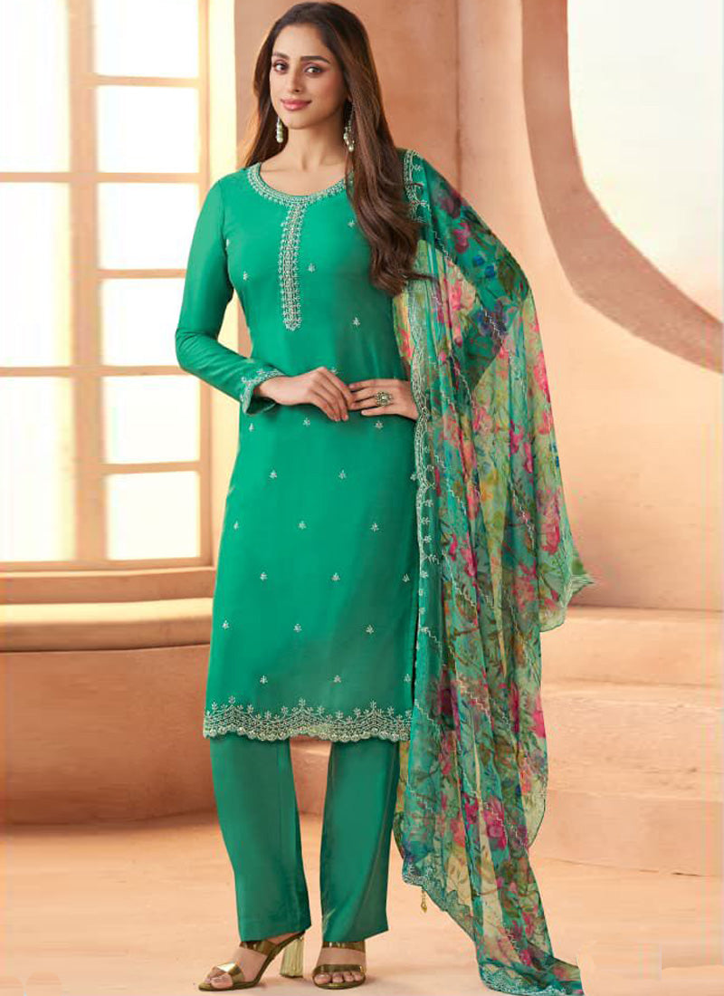 Vegaa Fashion Dark-Green Art Silk semi-stitched salwar suit with matching dupatta