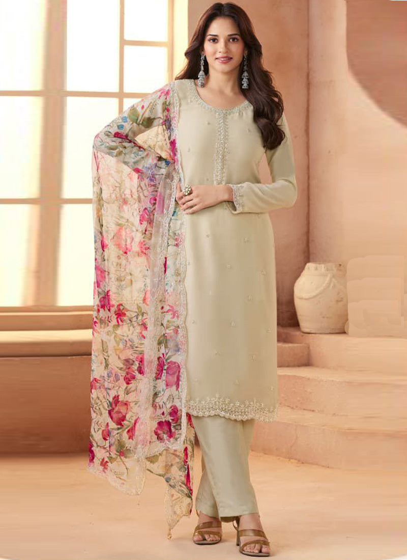 Cream soft chiffon salwar suit for weddings and formal ethnic events.
