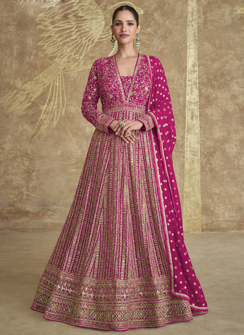 Pink Real Georgette Anarkali suit featuring ornate sequence and Gota Patti embroidery.