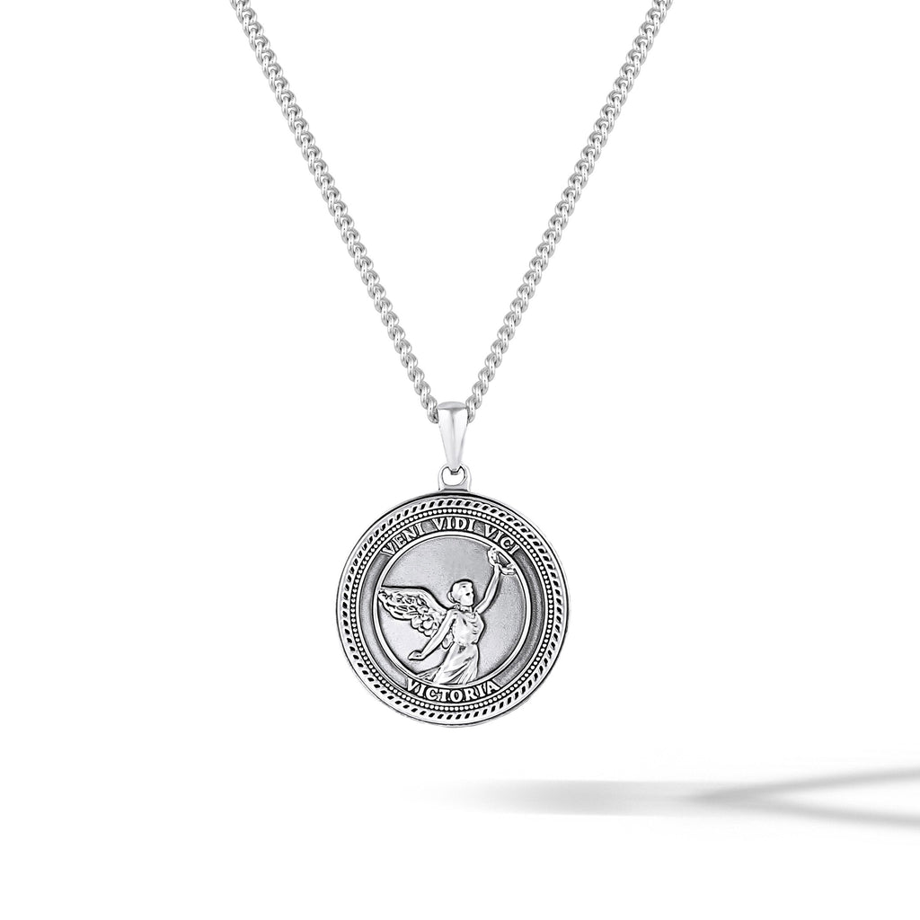 Sterling silver Veni Vidi Vici pendant necklace featuring the Roman goddess Victoria.