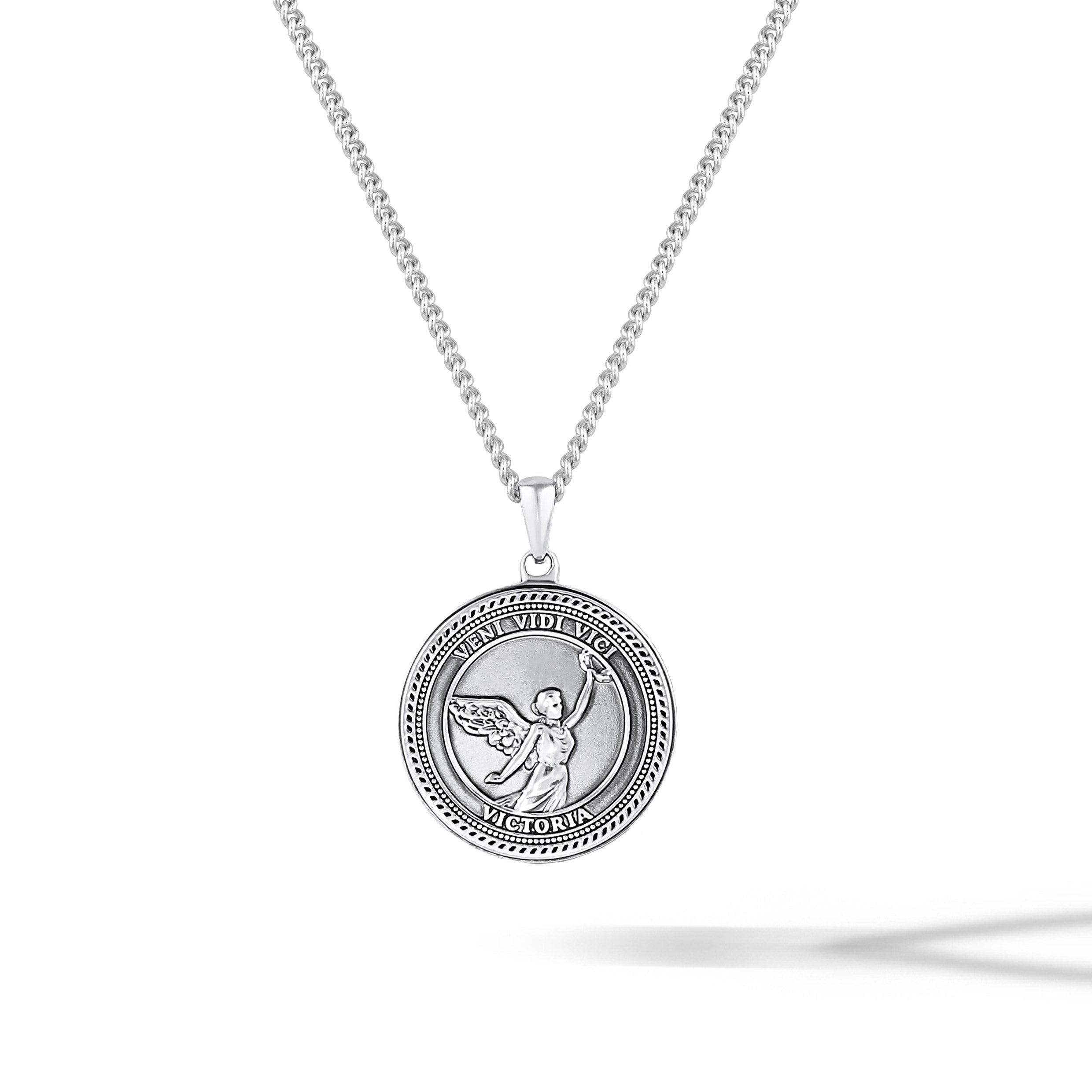Sterling silver Veni Vidi Vici pendant necklace featuring the Roman goddess Victoria.