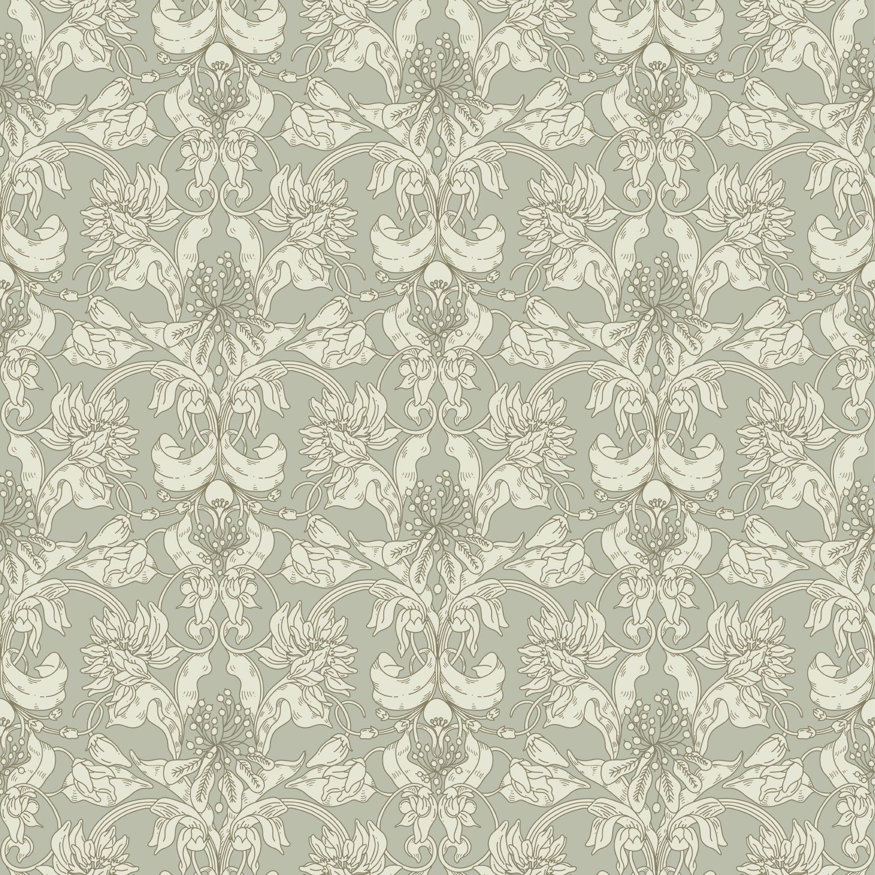 Vera Floral Wallpaper Sage Green and Cream Botanical Wall Art