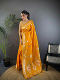 Vibrant orange woven Banarasi soft silk saree with matching blouse fabric.