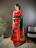 Elegant Red Peacock Butti Banarasi silk saree with ornate patterns and unstitched blouse piece