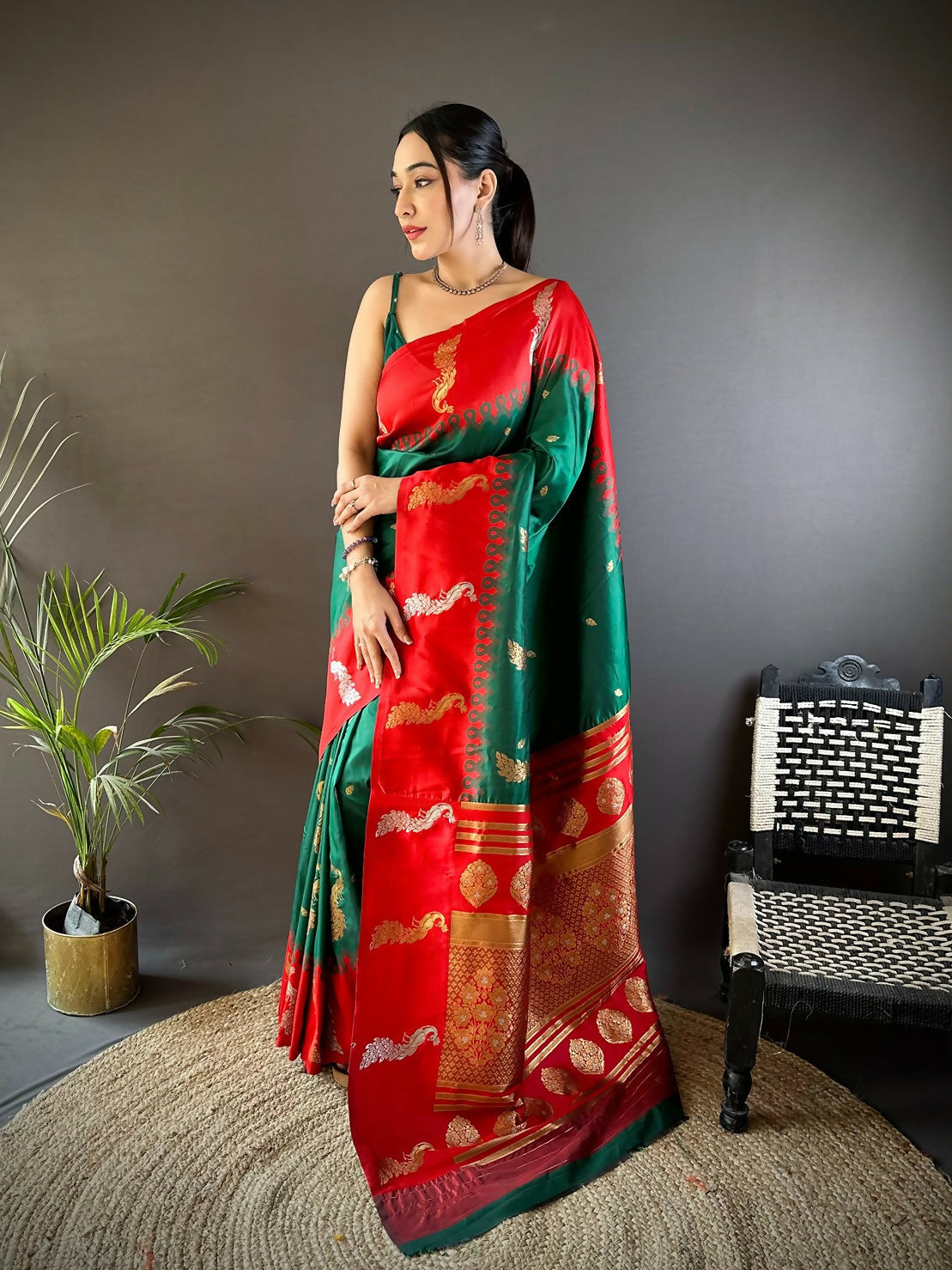 Elegant Red Peacock Butti Banarasi silk saree with ornate patterns and unstitched blouse piece