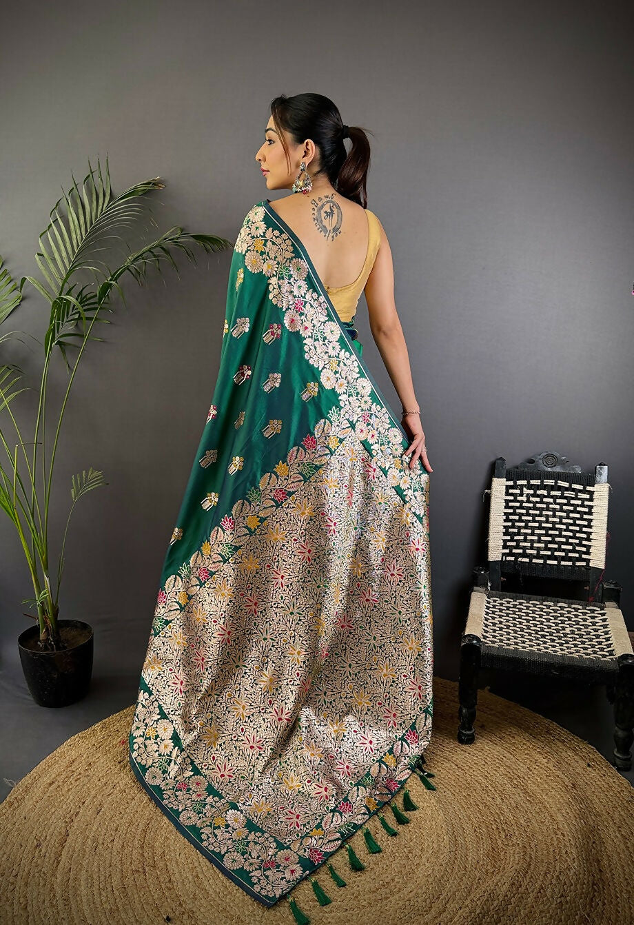 Teal Green Meenakari Woven Soft Silk Saree