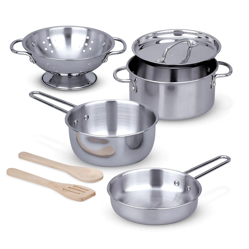 Melissa & Doug Stainless Steel Pots and Pans Pretend Play Kitchen Set for Kids (8 pcs) | Kids Kitchen Accessories Set Toy Pots And Pans For Kids Kitchen Cooking Toys For Kids Ages 3+