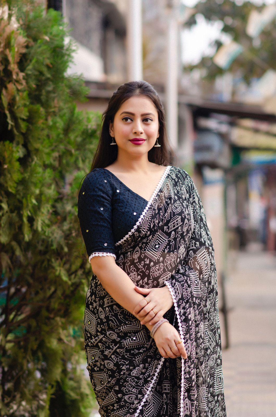 Black Poly Georgette Saree with Aari Mirror Work