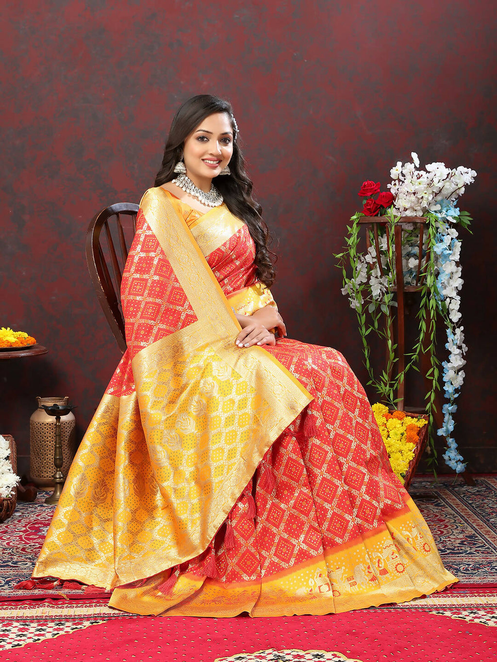 Red & Yellow Patola Silk Saree with Traditional Meenakari Weaving