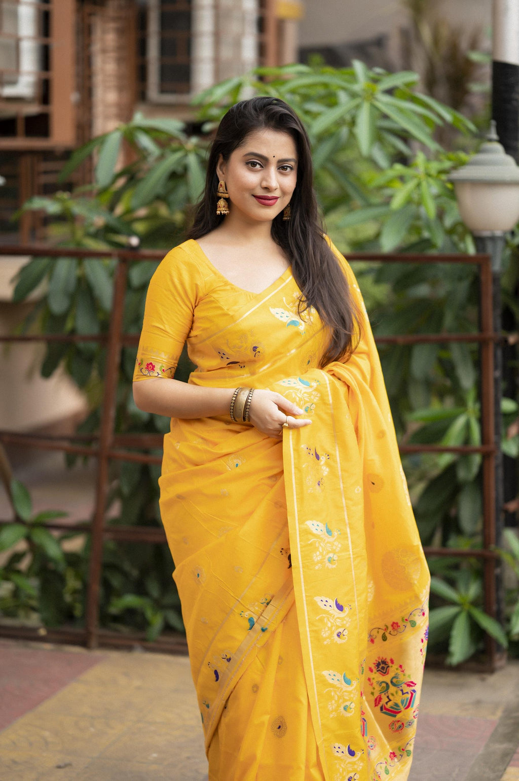 Yellow Pure Silk Saree with Woven Design and Unstitched Blouse