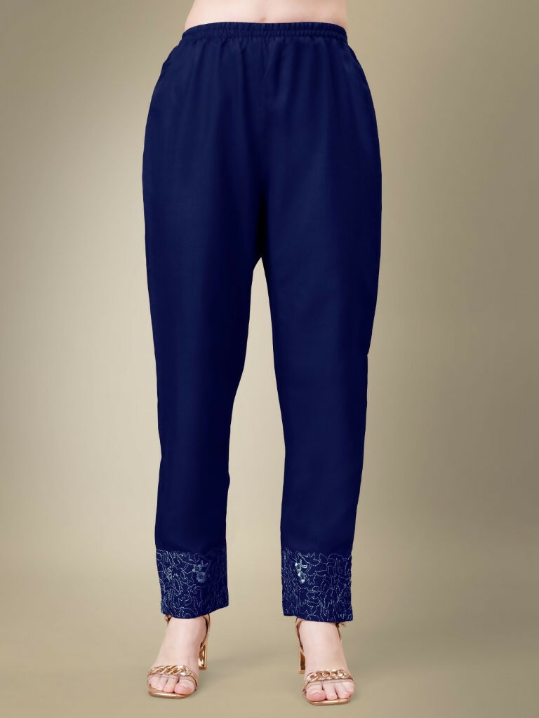 Women's Navy Blue Straight Kurta Set with Embroidery & Lace Work