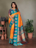 Bright orange Banarasi soft silk saree with traditional butti work