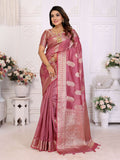 Beautiful dusty rose soft organza silk saree featuring sophisticated woven patterns.