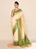 Vibrant light yellow and parrot green Banarasi silk saree with elegant woven border.
