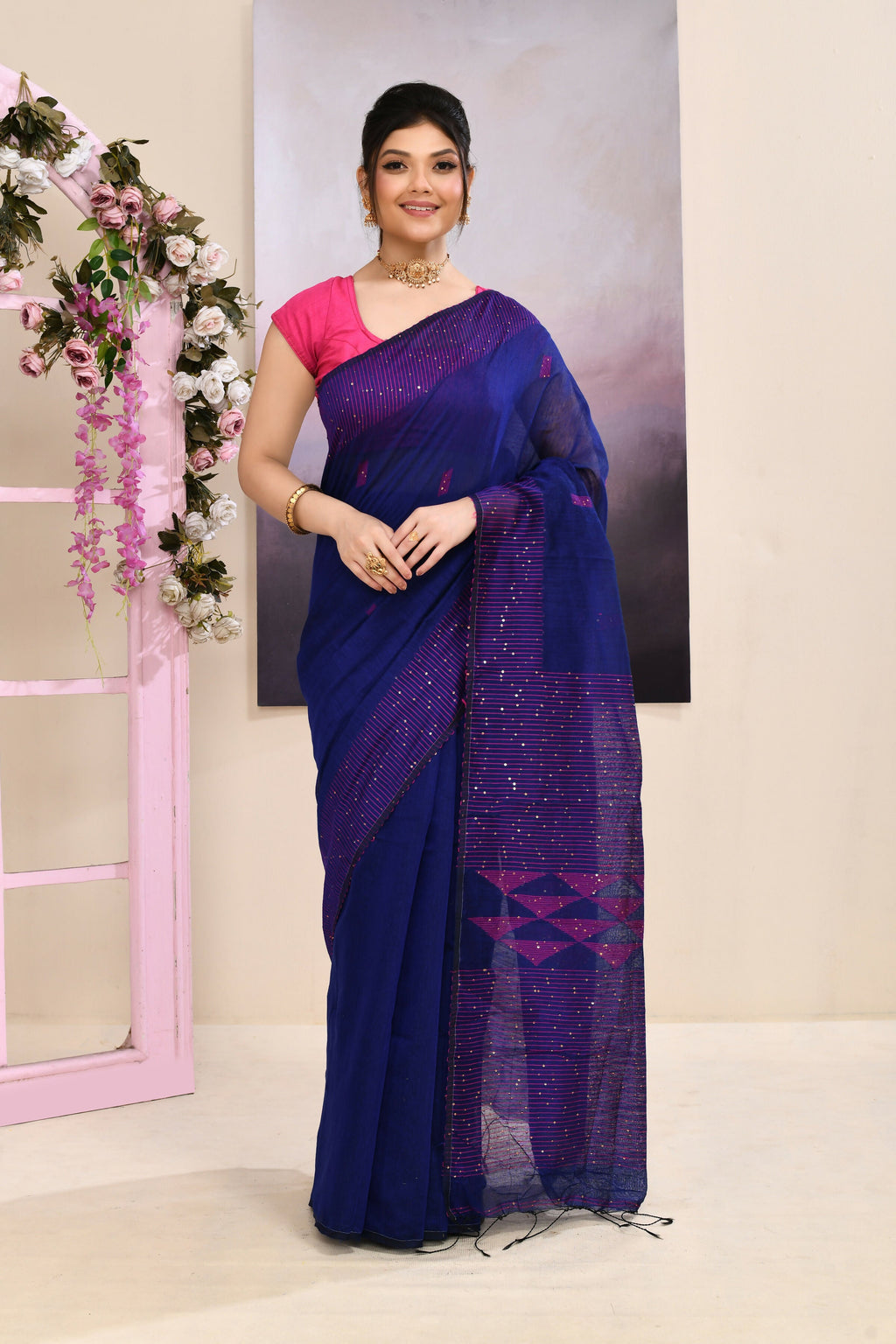 Blue Jamdani cotton blend saree featuring sequin embellishments