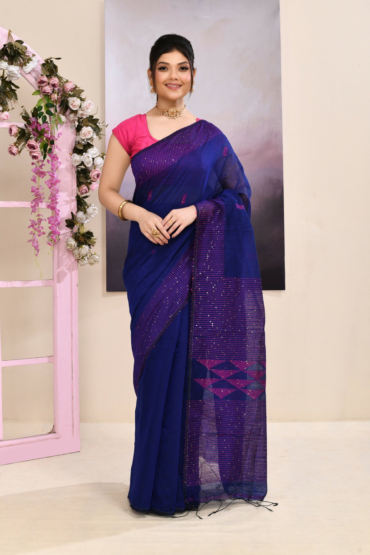 Blue Jamdani cotton blend saree featuring sequin embellishments