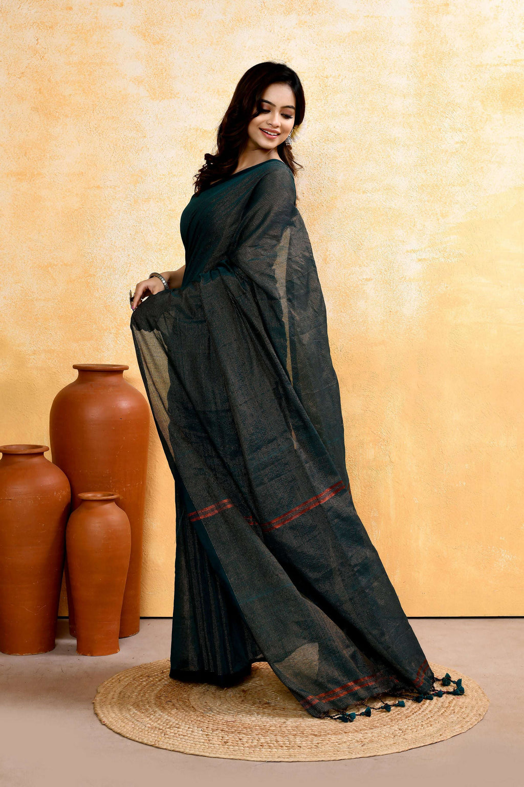 Moss Green Embellished Cotton Blend Zari Check Handloom Saree