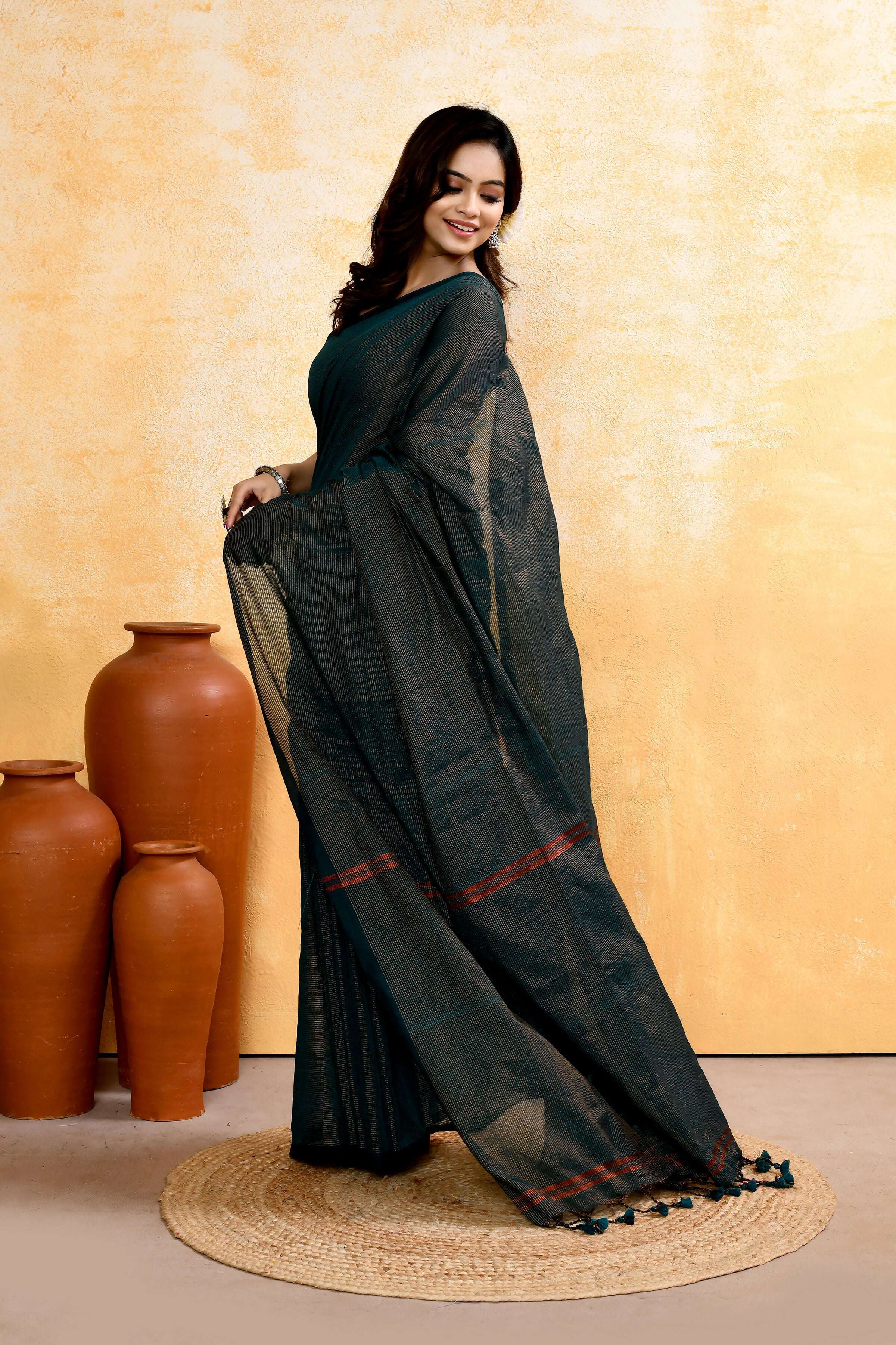 Moss Green Embellished Cotton Blend Zari Check Handloom Saree