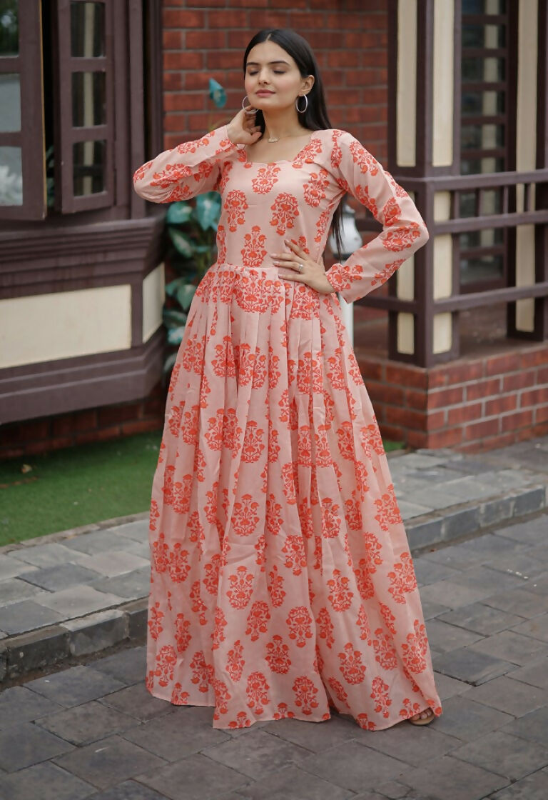 Peach Pure Chanderi Heavy Digital Printed Anarkali Floor Dress