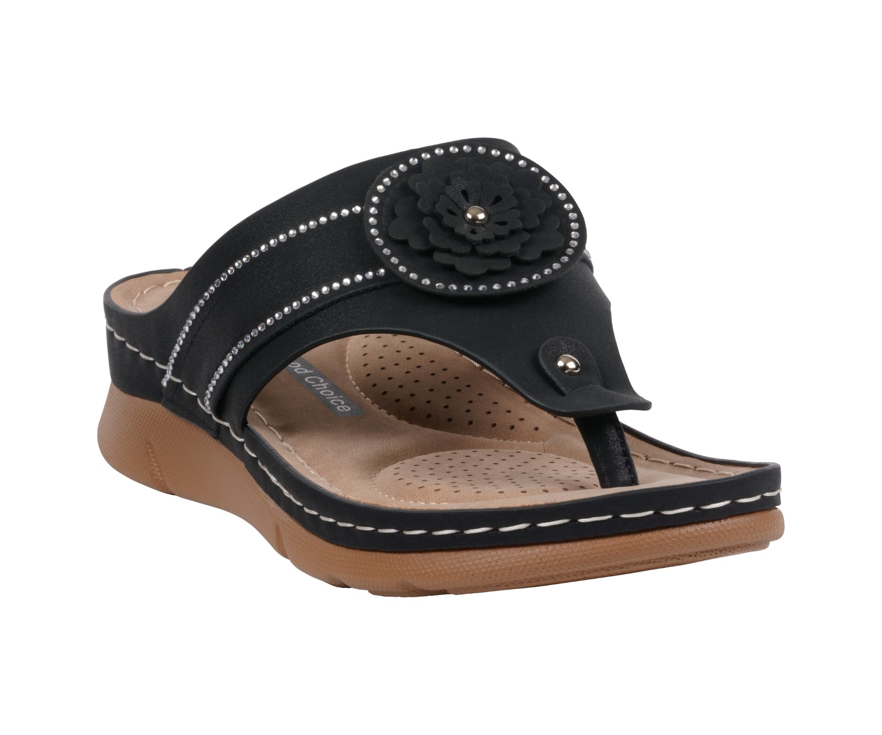 Pair of Women's Vickie Black Floral Thong Flat Comfort Sandals with rhinestone accents on a white background.