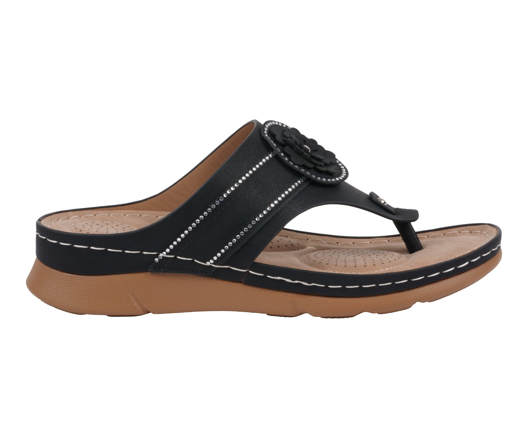 Women's Vickie Black Floral Thong Flat Comfort Sandals - Image 2