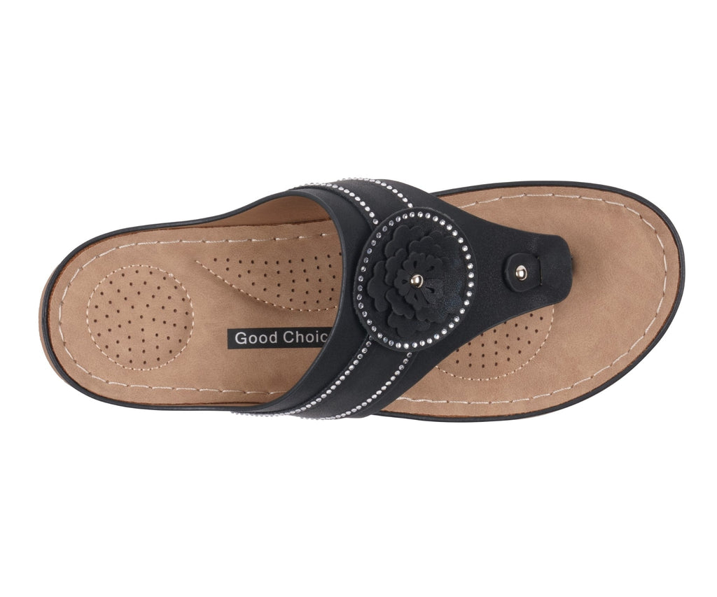 Women's Vickie Black Floral Thong Flat Comfort Sandals - Image 3