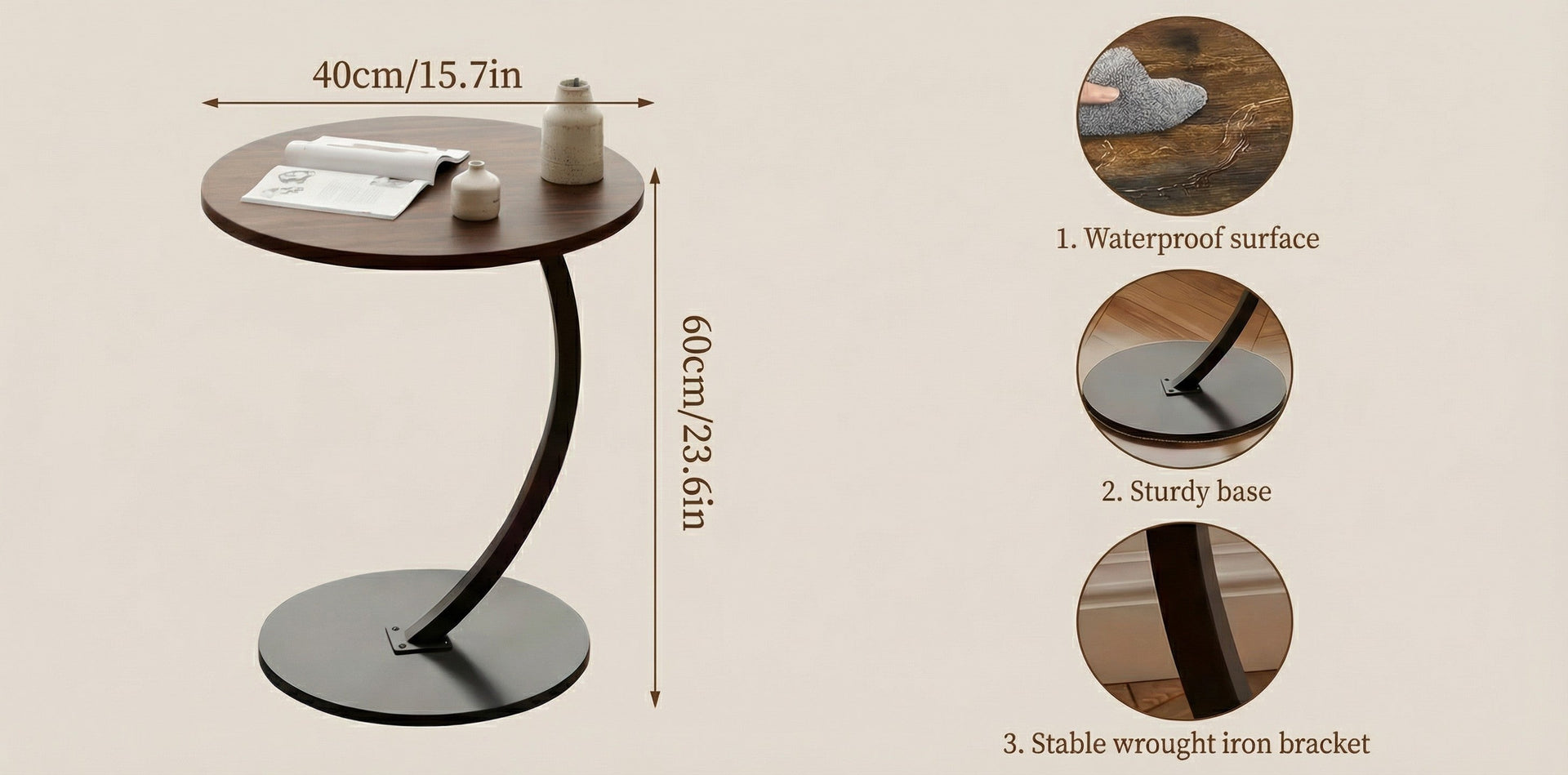 Modern Round Side Table with Wrought Iron Base for Living Room