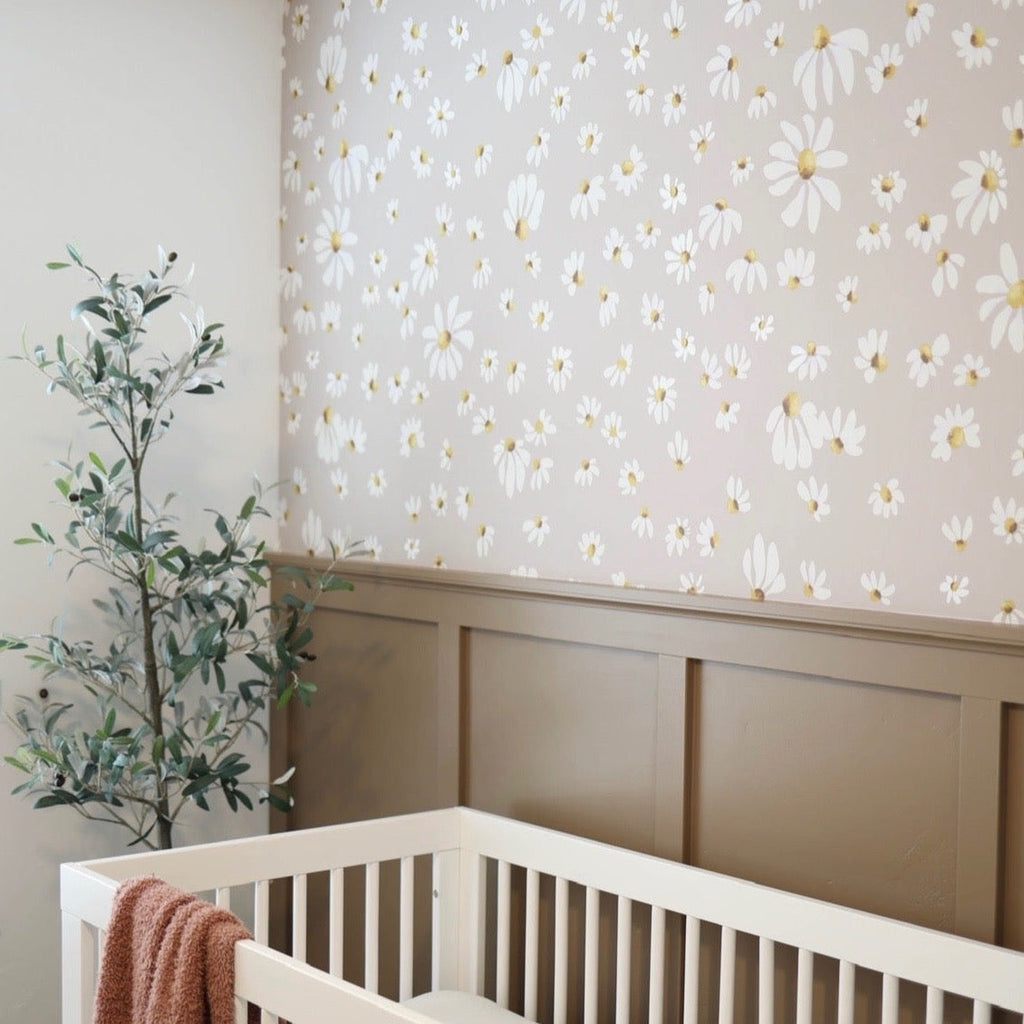 Gwen floral wallpaper featuring beige, white, and yellow patterns in a modern-farmhouse interior.