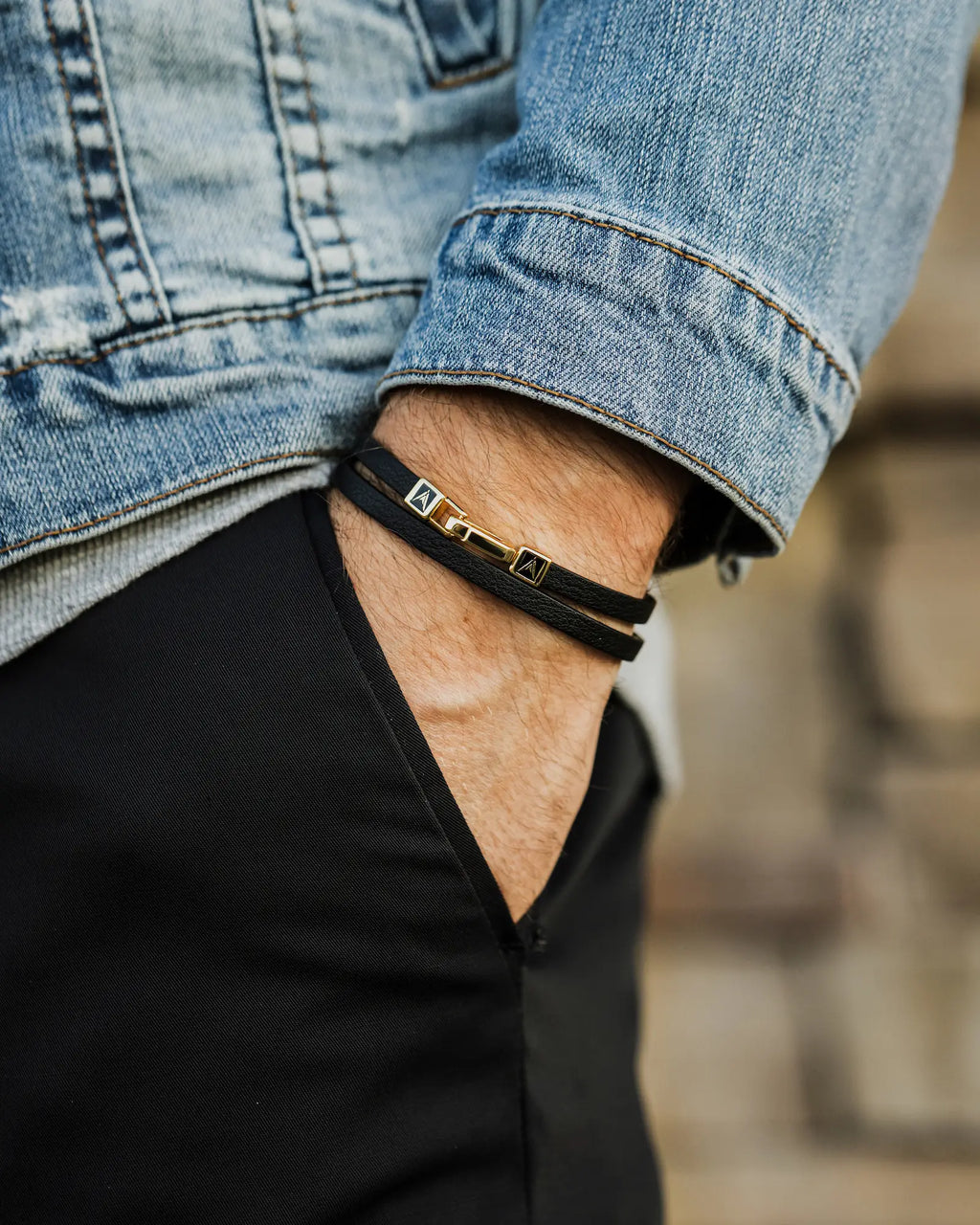 The Hitch Double Wrap Leather Bracelet in Black and Gold