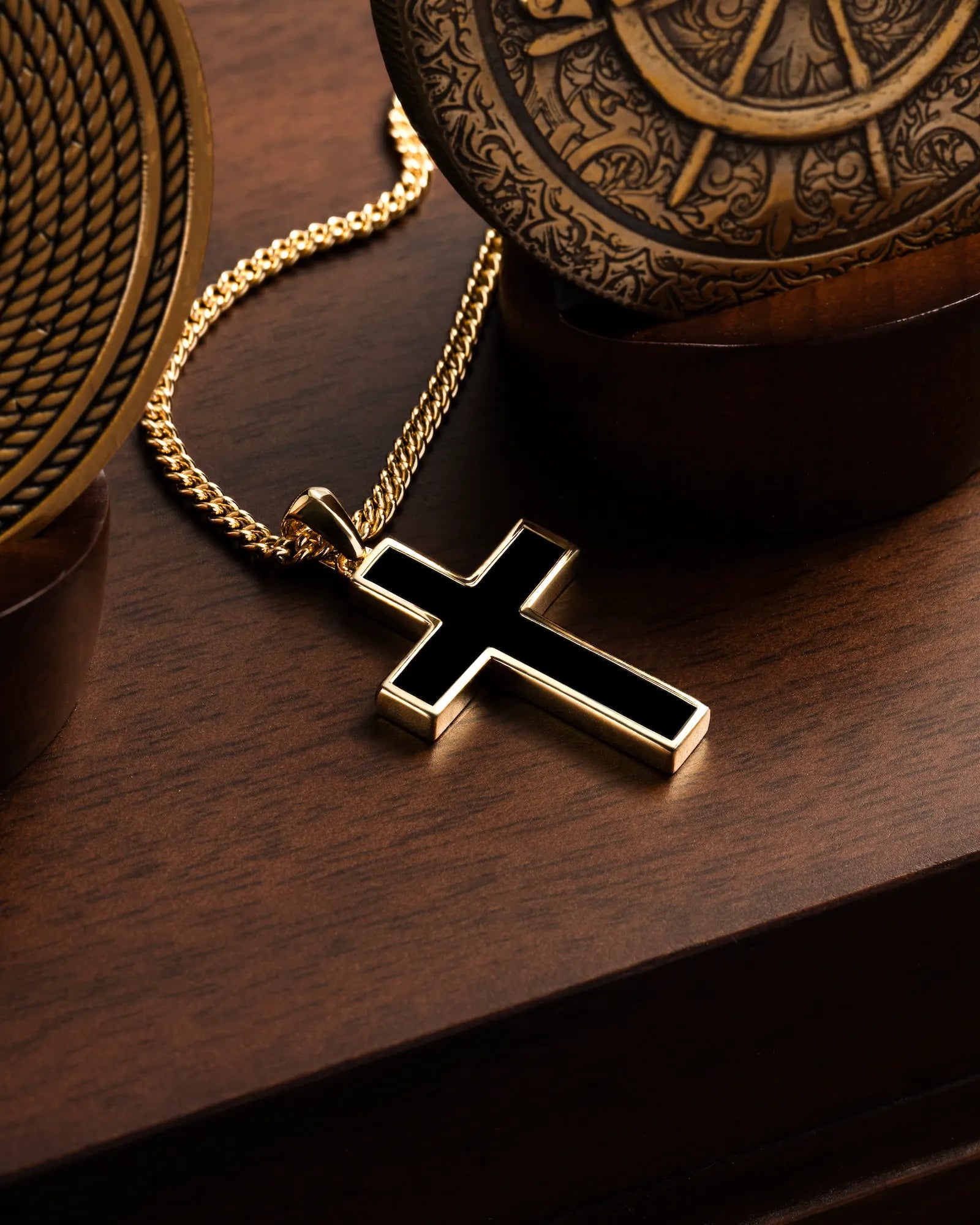 Large 14K Gold and Onyx Stone Cross Pendant
