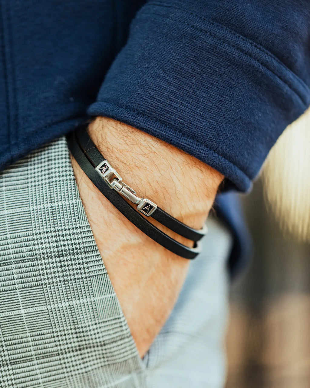 The Hitch Double Wrap Leather Bracelet in Black and Silver
