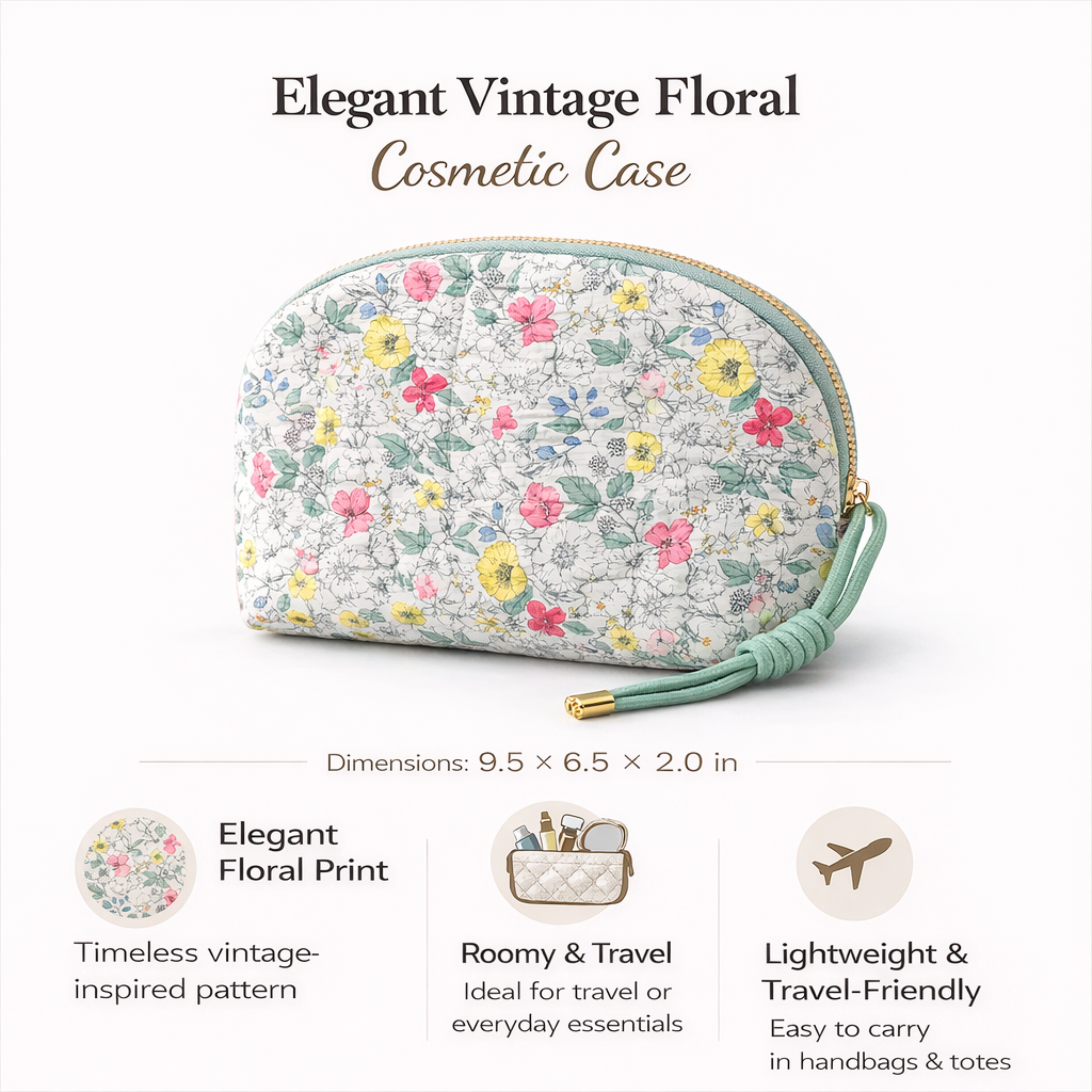 Vintage-Inspired Quilted Floral Cosmetic Case – Curved Makeup Pouch in Soft Pastel Garden Prints