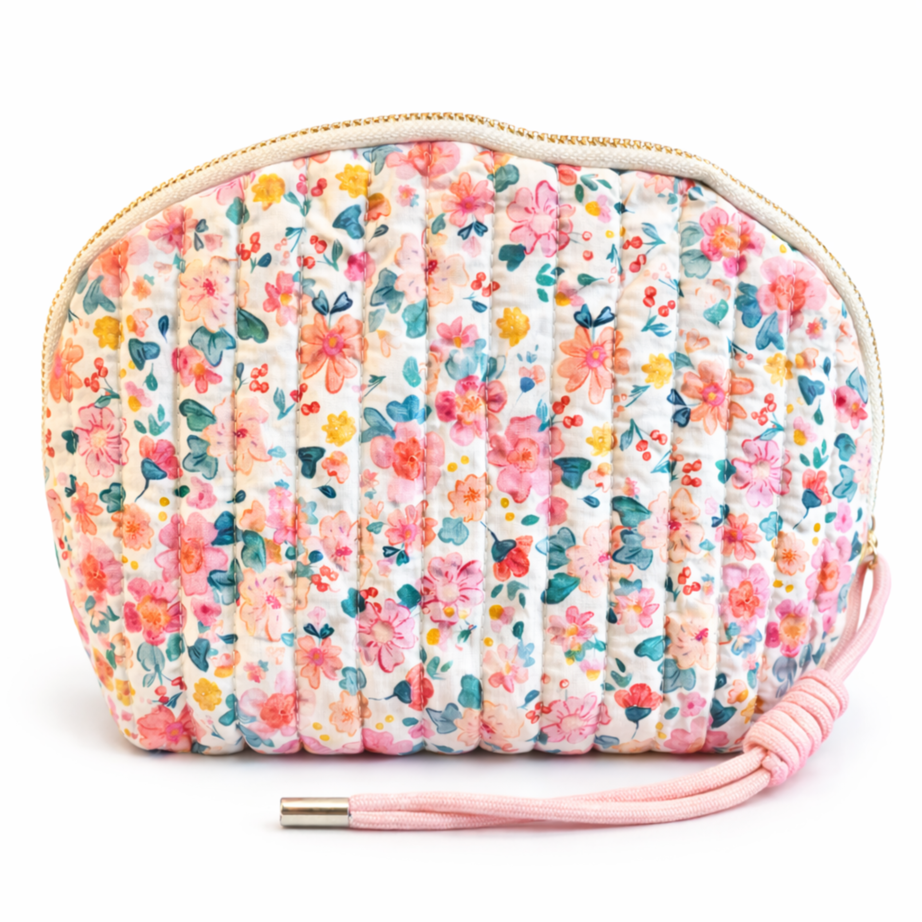 Vintage-Inspired Quilted Floral Cosmetic Case – Curved Makeup Pouch in Soft Pastel Garden Prints